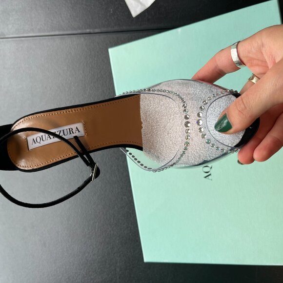 NWT Aquazzura Ray Of Light Sandals Plexi Crystal Peep Toe 105 Black Suede/PVC - Picture 7 of 13